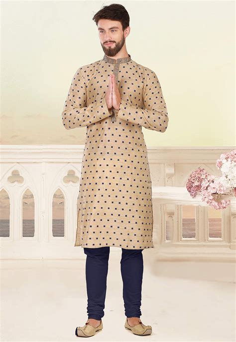 Woven Tussar Silk Jacquard Kurta Set In Beige Mms