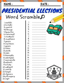 Presidential Elections Word Scramble Puzzle Worksheets Activities