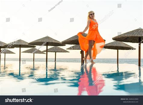 Sexy Woman Bikini Posing Swimming Pool Stock Photo