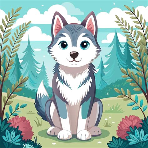 Un Lindo Husky De Dibujos Animados Sentado En Un Colorido Bosque