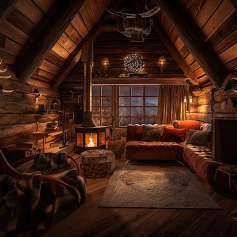 Premium Photo | Cozy cabin in woods with wood stove interiors at night