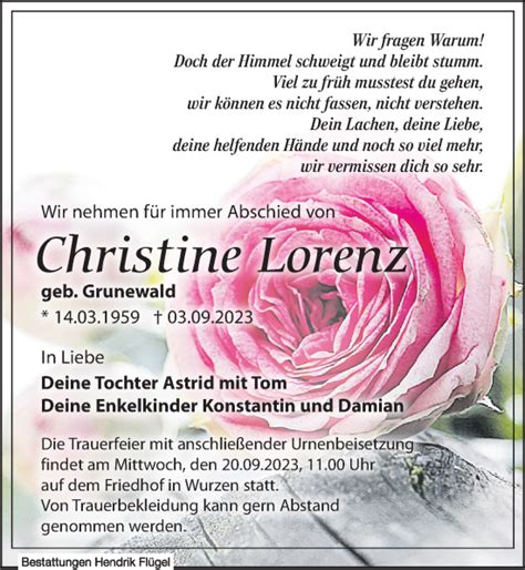 Traueranzeigen Von Christine Lorenz Trauer Anzeigen De