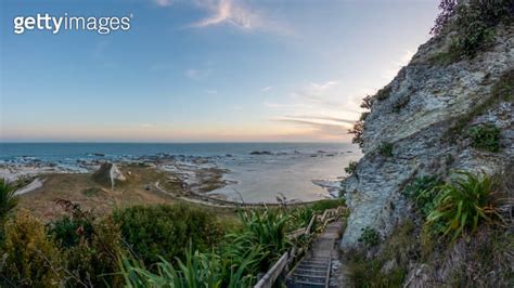 Golden Sunset Serenity Kaikoura Coastal Walkway Landscape With