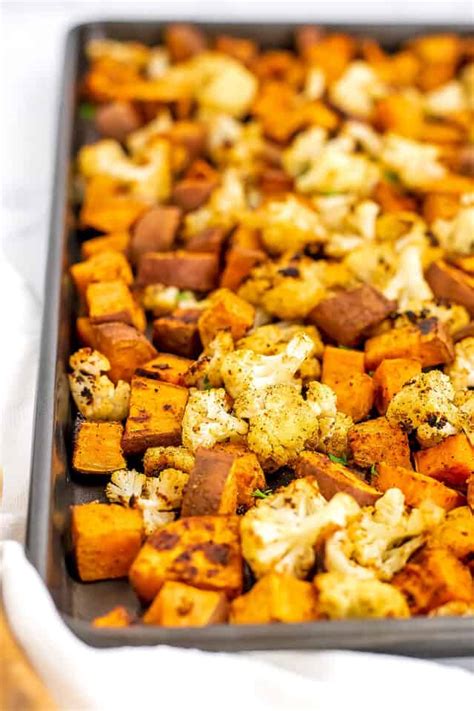 Simple Roasted Cauliflower And Sweet Potatoes Bites Of Wellness