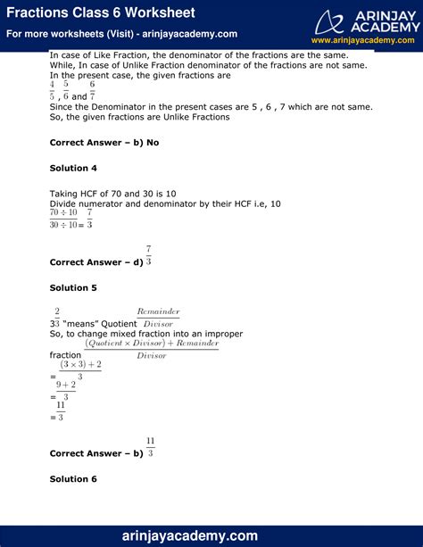 Fractions Class Worksheet Maths Arinjay Academy