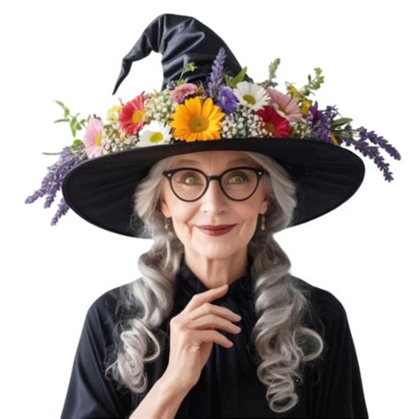 Linda Abuela En Negro Con Sombrero De Bruja Adornado Con Una Flor