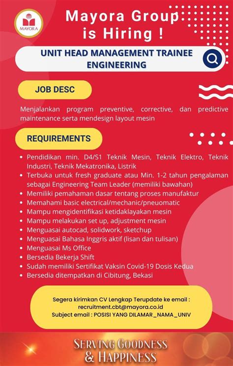 Unit Head Management Trainee Engineering Mayora Group Bekasi IKA UM