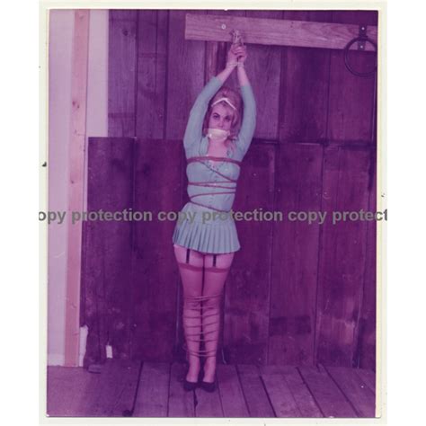 Blonde Female In Mini Dress Tied To Bar 1 Bondage Bdsm Vintage Photo Usa ~1970s