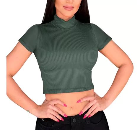 Top Cropped Feminina Gola Alta Malha Canelada Moda Gringa