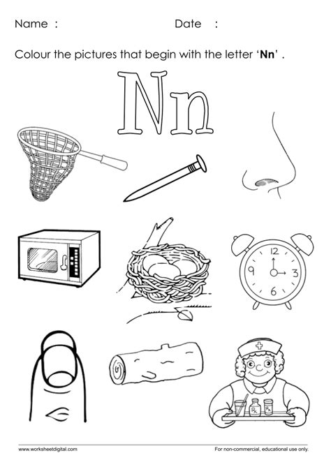 Colour The Pictures That Begin With The Letter ‘nn Letter N