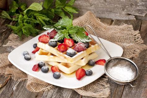 Belgium Waffles With Fresh Berries And Caster Sugar Stock Photo Image