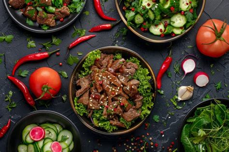 Spicy Salads Set Salat Collection With Beef Meat And Vegetables Salats