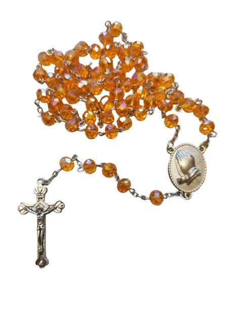 Orange glass rosary beads faceted iridescent Catholic 8mm beads