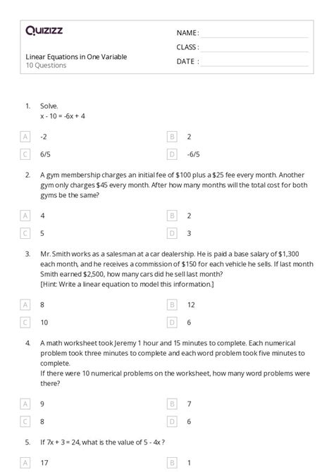 50 Linear Equations Worksheets For 6th Year On Quizizz Free And Printable