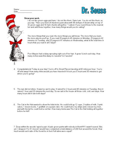 Dr Seuss Math Worksheets 4th Grade