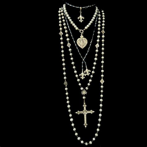 Moonglow Sacred Heart Cross Rosary Silver Freshwater Pearl Necklace By