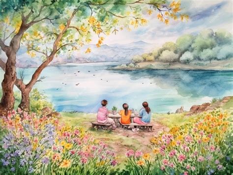 Premium AI Image | A painting of three girls sitting on a bench in ...