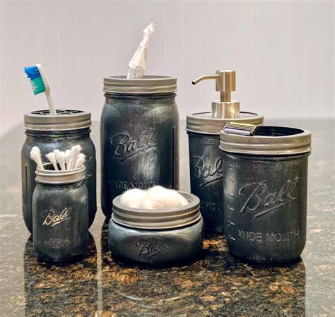 Hand Painted Mason Jar Bathroom Storage Set In Shale Grey Opal Set Of 6