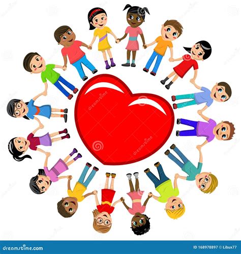 Group Of Multicultural Kids Hand In Hand Around Big Heart On White