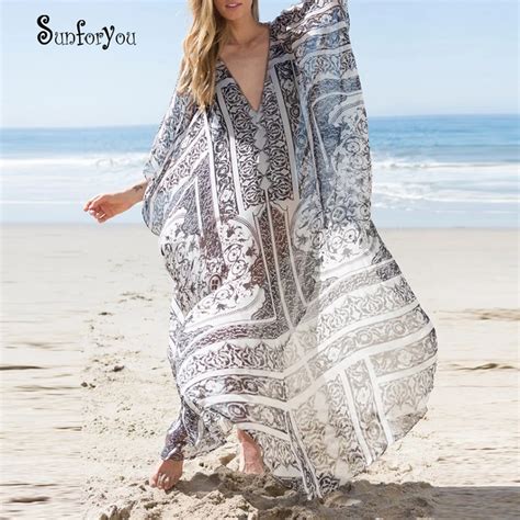 New Chiffon Beach Cover Up Plus Size Pareo Beach 2019 Print Long Beach Dresses Pareos De Playa