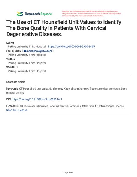 Pdf The Use Of Ct Hounsfield Unit Values To Identify The Bone Quality In Patients With