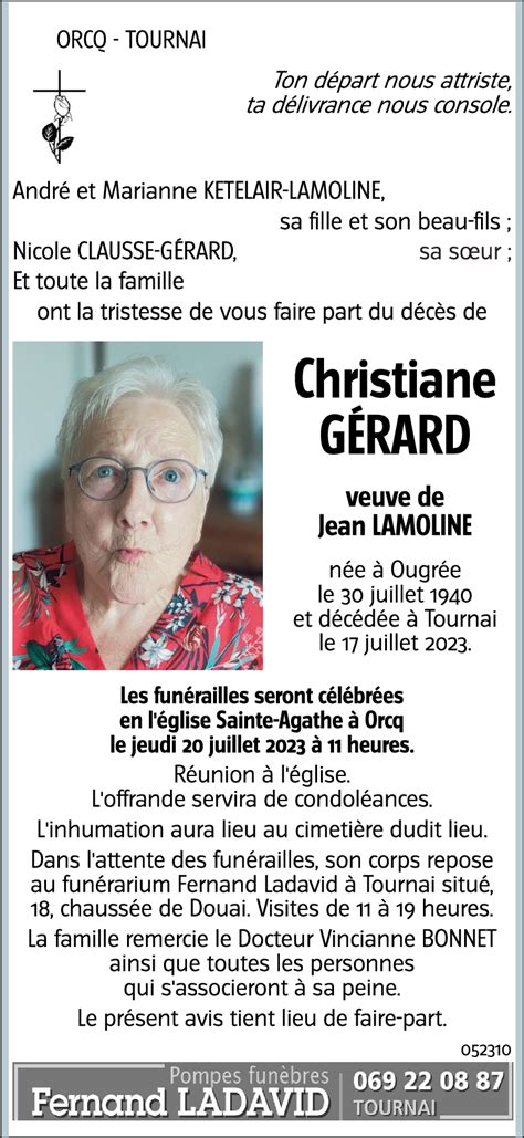 Avis De Décès De Christiane GÉrard Décédé Le 17 07 2023 à Tournai