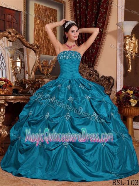 Teal Strapless Taffeta Appliques And Pick Ups Quinceanera Dress In