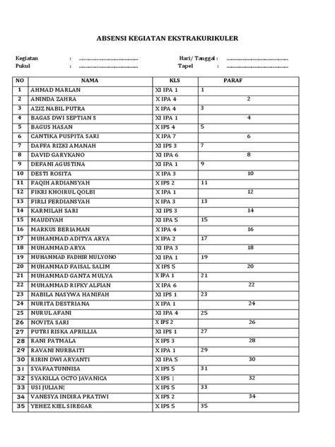 Absen Kegiatan Ekstrakurikuler Pdf