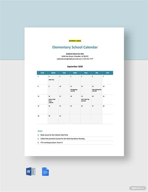 Elementary School Calendar Template in Word, Google Docs - Download ...