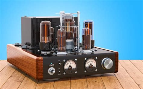 Vintage Vacuum Tube Amplifier On The Wooden Table 3d Rendering Stock Illustration