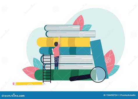 Man Reaching For Book Standing Near Books Stack White Background Stock