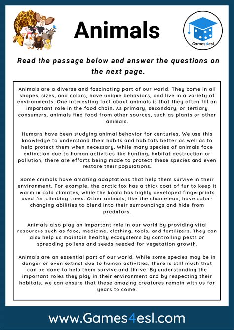 Animals - Reading Comprehension Worksheet | Games4esl