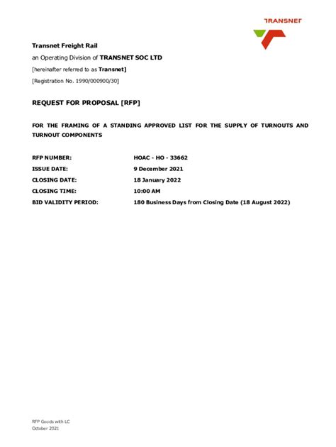 Fillable Online Transnet Request For Proposal No Hoac Ho Fax Email