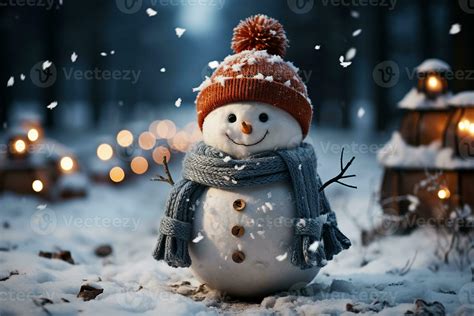 Snowman in Joyful Winter Wonderland with Snow-Covered Trees Background, Ideal for Holiday ...