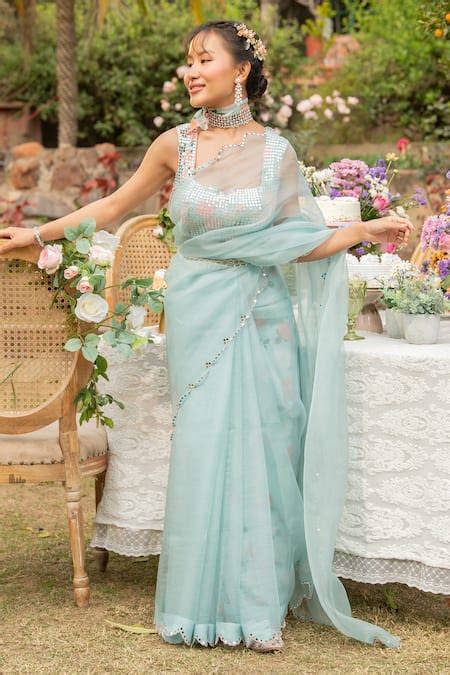 Buy Blue Organza And Embroidery Floral And Citrus Rose Saree With Blouse For Women By Summer By