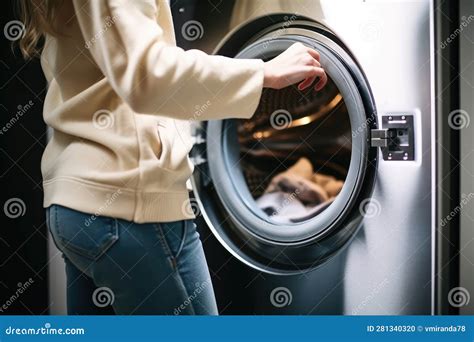 Woman Putting Clothes Into Washing Machine At Laundromat Closeup