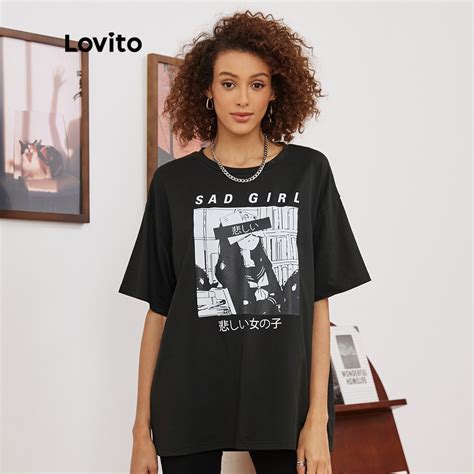 Lovito Casual Oversize Figure Letter Print T Shirts L D Black