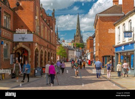 View Of Lichfield Cathedral From Busy Town Centre Street Lichfield