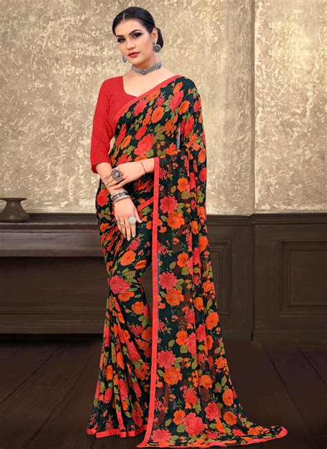 Buy Abstract Print Multi Colour Faux Georgette Printed Saree 179055