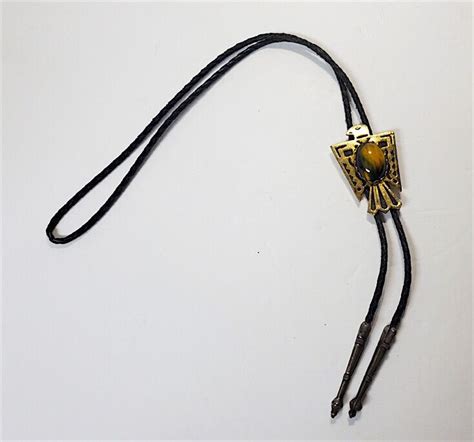 Nice Western Bolo Tie Gold Eagle With Tiger’s Eye Stone Silver Ends Black Cord Ebay