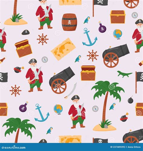 Bundle Pirate Seamless Pattern Bundle Pirate Treasure Map Rum Ship Wheel Anchor Barrel