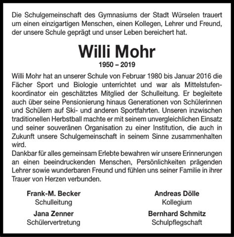 Traueranzeigen Von Willi Mohr Aachen Gedenkt