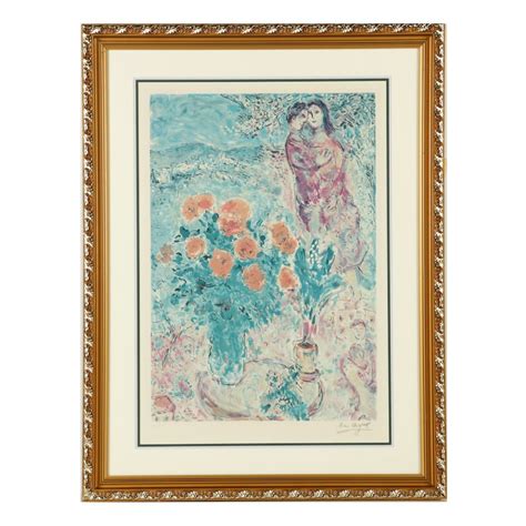 Limited Edition Lithograph After Marc Chagall Red Bouquet With Lovers