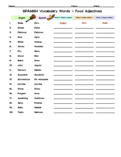 Spanish Food Adjective Vocabulary Word List Column Worksheet Made By