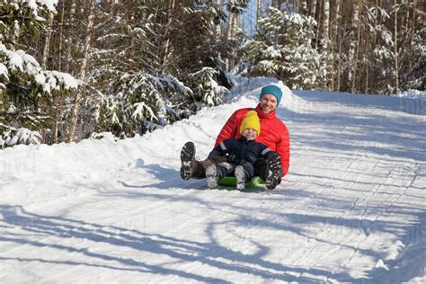 Man And Son Tobogganing In Snow Covered Forest Stock Photo Dissolve