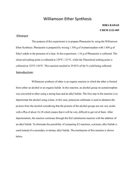 Document Williamson Ether Synthesis Lab Report Williamson Ether