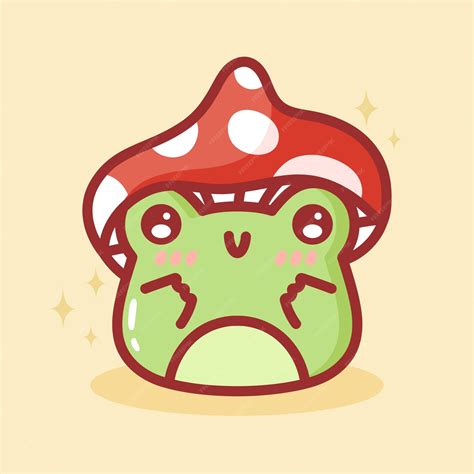 Cute Frog With Fly Agaric Hat Kawaii Frog With Mushroom On Head Cute