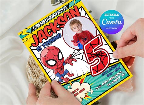 Editable Spider Man 5th Birthday Invitation With Photo Spider Etsy