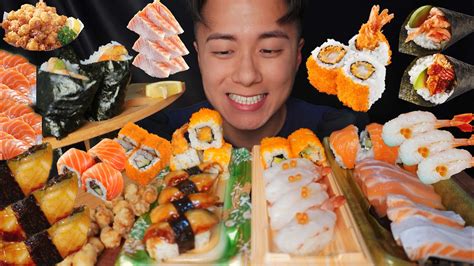 Asmr Mukbang Salmon Sashimi Sushi Platter Rolls Dynamite Cones No