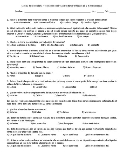 Examen Ciencias Pdf Universo Planetas